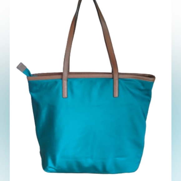 GUC Michael Kors Kempton Nylon Leather Teal Tote gold hardware, brown handles - Picture 2 of 15